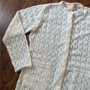 Vintage Knit Crochet Lace Eyelet Cream Women's Button Up Cardigan | Size Large